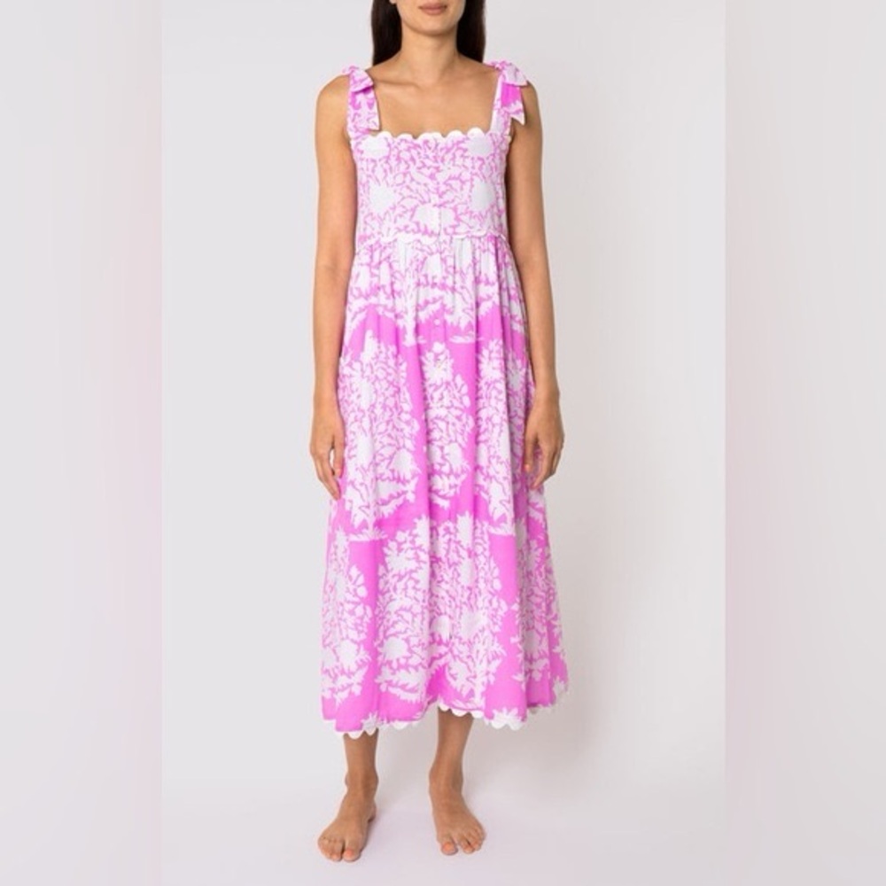 Juliet Dunn Pink Tie Strap Smocked Midi Dress NWT Resort Core US 4